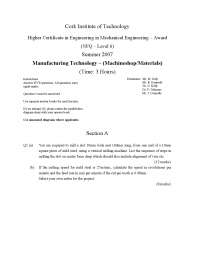 Engineering Exam: Higher Certificate in Mechanical Engineering – Manufacturing Technology