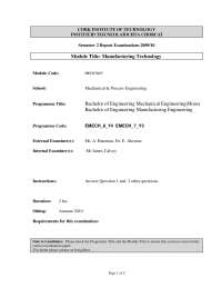 The Coefficient of Friction - Manufacturing Technology - Exam
