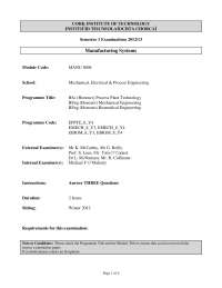 2012/13 Exam: BSc Process Plant, BEng Mechanical & Biomedical Engineering