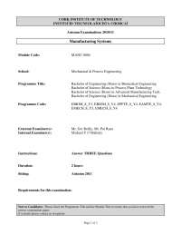 Autumn 2011/12 Exams: Manufacturing Systems Exam for Engineering Students