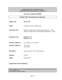 Manufacturing Technology Examination 2008-09: MECH 7007