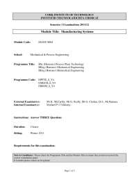 Examination Paper: Manufacturing Systems - Winter 2011