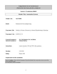 Examination Paper for Automation Systems Module at Cork Institute of Technology, 2008/09
