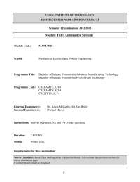 Examination Paper for Automation Systems Module, Cork Institute of Technology, 2012/2013