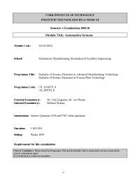 Examination Paper: Automation Systems, Cork Institute of Technology, 2009/10