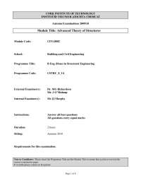Advanced Theory of Structures Examination, Autumn 2010, Cork Institute of Technology
