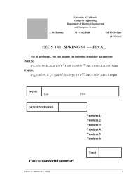 University of California, College of Engineering - EECS 141 Spring 98 Final Exam