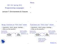 CSE 130: Spring 2012 Lecture 7 - Environments & Closures in ML Programming