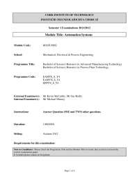 MANU8002 Automation Systems Exam for Adv. Manufacturing & Process Plant Tech, CIT