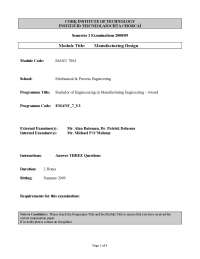 Layout Systems - Manufacturing Design - Past Exam Paper