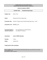 Production Departments - Manufacturing Design - Past Exam Paper