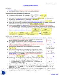 Pressure Measurement - Instrumentation, Measurements, Statistics - Lecture Notes