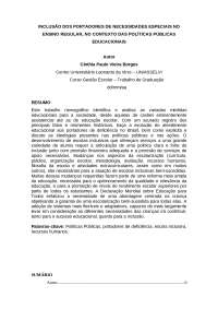 INCLUSÃO DOS PORTADORES DE NECESSIDADES ESPECIAIS NO ENSINO REGULAR, NO CONTEXTO DAS POLÍTICAS PÚBLICAS EDUCACIONAIS