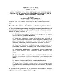Philippine Act Regulating the Practice of Electrical Engineering and Electricians