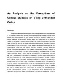 An Analysis on the Perceptions of College Students on Being Unfriended Online