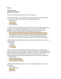 Animal Behavior Multi-Choice Questions Exam 1 with Answers | ZOL 313