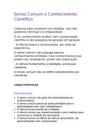 Resumo sobre Senso comum x Conhecimento científico - Docsity