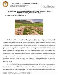 TIMELINE ON THE HISTORICAL DEVELOPMENT OF ROADS, ROADS CONSTRUCTION, AND THEIR USES