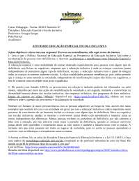 ATIVIDADE EDUCAÇÃO ESPECIAL ESCOLA INCLUSIVA