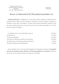 KLAUSUR A ZU MATHEMATIK FÜR WIRTSCHAFTSWISSENSCHAFTLER II SS 2014 UNI DUE