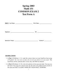 Common Exam 2 Form A - Honor-Engineering Mathematics I | MATH 151 - Docsity