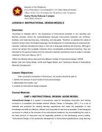 Instructional Design Models: ADDIE, Dick and Carey, Smith and Ragan, and Tomlinson's Model