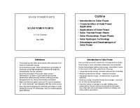 SOLAR POWER PLANTS LECTURE SUMMARY
