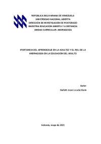 IPORTANCIA DEL APRENDIZAJE EN LA ADULTEZ Y EL ROL DE LA ANDRAGOGÍA EN LA EDUCACIÓN DEL ADULTO