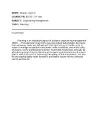 The Importance of Planning in Systems Engineering Management