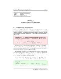 Moment Generating Functions Notes