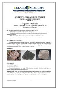 Earth and Life Science: Minerals and Rocks - Grade 11, 1st Quarter - Week One