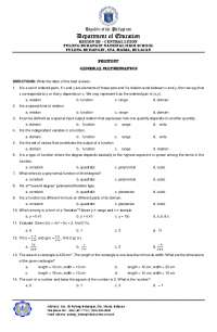 GENERAL mathematics exams pre test