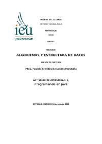 ACTIVIDAD DE APRENDIZAJE 1. Programando en java - Docsity