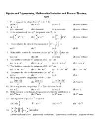 Algebra and Trigonometry Practice Questions and Quizzes - Docsity
