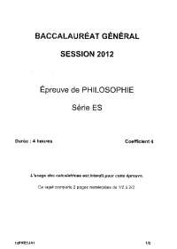 Sujet officiel complet du bac ES Philosophie 2012 - Docsity