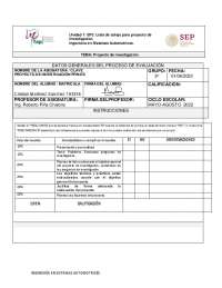 Lista de cotejo para proyecto de Investigacion en Ingeniería en Sistemas Automotrices