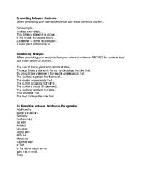 Guide for Writing Literary Analysis: Sentence Starters and Transition Words