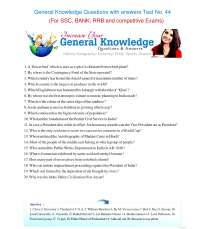 General Knowledge Questions with answers PDF - test 44 for SSC, BANK, RRB and competitive
