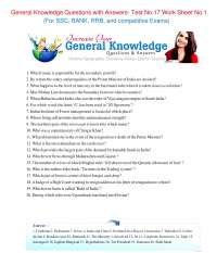 General Knowledge Questions with answers test 17 and for SSC, BANK,RRB, and competitive Ex