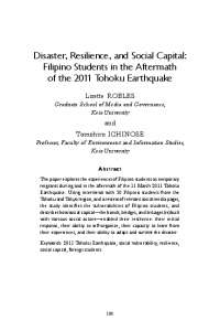 Filipino Student Resilience during the 2011 Tohoku Earthquake: The Role of Social Capital