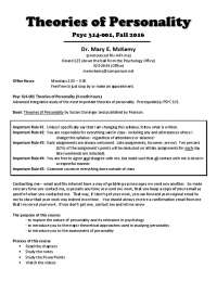 Theories of Personality: Psyc 314-001, Fall 2016 Syllabus