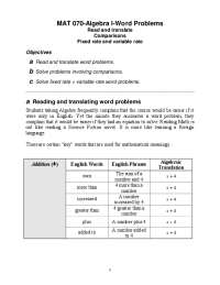 MAT 070-Algebra I-Word Problems