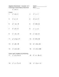 Algebra Worksheet - Factoring Polynomials and Solving Equations