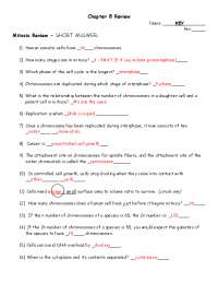 Mitosis and Meiosis Review: Short Answers and Matching Exercises