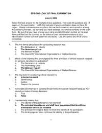 EPIDEMIOLOGY 227 FINAL EXAMINATION June 9, 2009