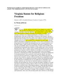 Virginia Statute for Religious Freedom (1786) by Thomas Jefferson
