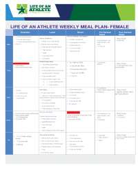 LIFE OF AN ATHLETE WEEKLY MEAL PLAN- FEMALE