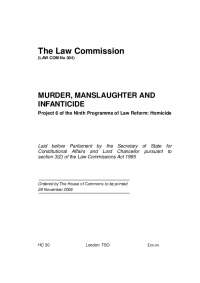Murder, Manslaughter and Infanticide