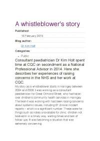 Whistleblowing in the NHS: A Consultant Paediatrician's Experience