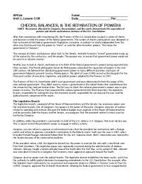 The Separation of Powers and Checks and Balances in the US Constitution